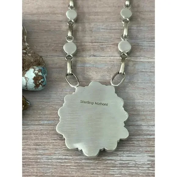 Handmade Sterling Silver Dahlia Rose with Emerald Valley Turquoise Necklace Si